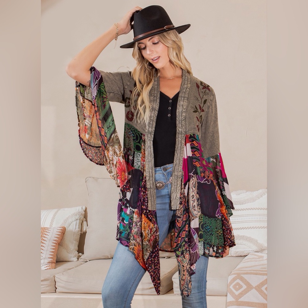 YOUNG THREADS Patchwork Embroidered Olive Multi Color Tie Relaxed Kimono NWT